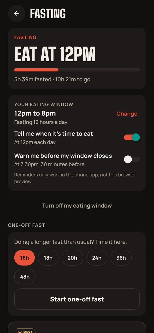The Fasting screen: fasting, eat at 12pm, with time fasted and time to go
