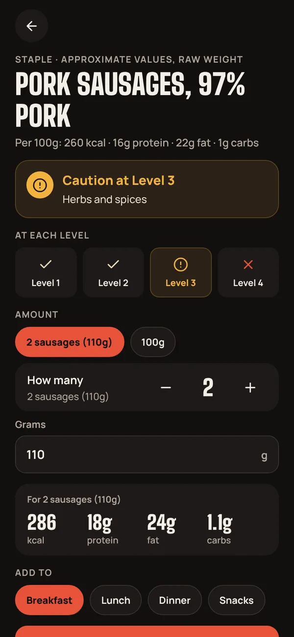 The app's food screen for pork sausages, showing caution at Level 3 because of herbs and spices
